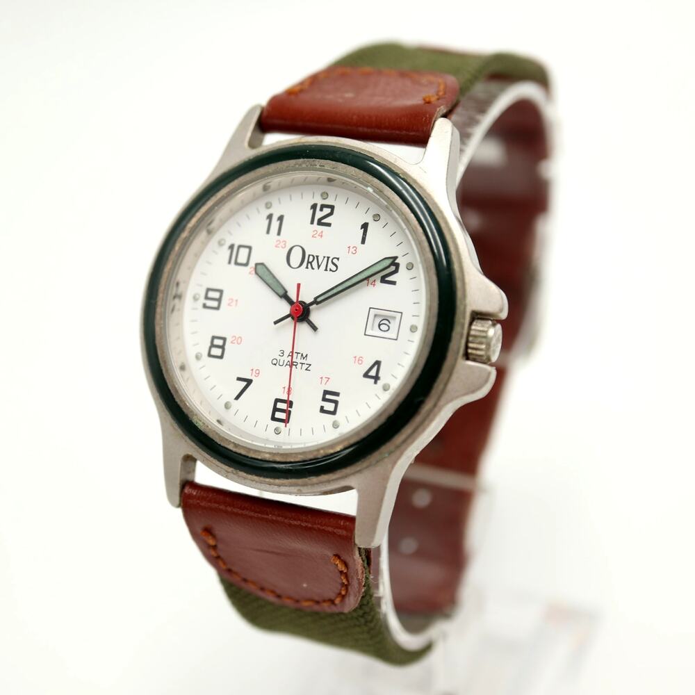 Vintage Orvis 37mm Mens Field Watch Date green Bezel Nylon Strap w New Battery